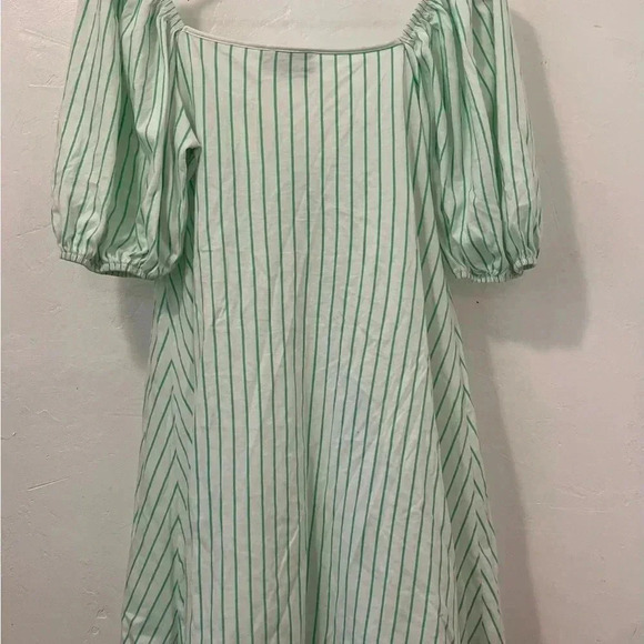 ASOS DESIGN bow front mini dress in green and white stripe puff sleeves Size 10 - Picture 5 of 10